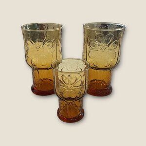 Vintage Amber Flower Goblet Glass Set Of 3 Country Garden  Wedding Decor READ